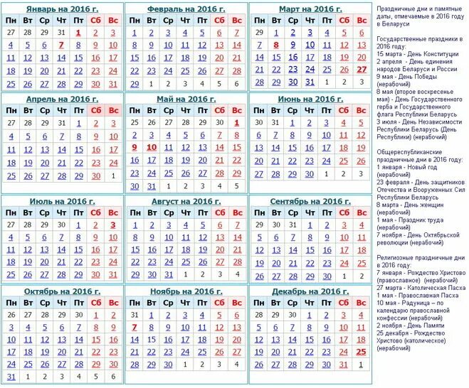 Праздники в календаре 2016 года. Календарь на 2016 год с праздниками и выходными. Календарь выходных дней 2016 года. Календарь 2016 года Беларусь. Производственный календарь 2016