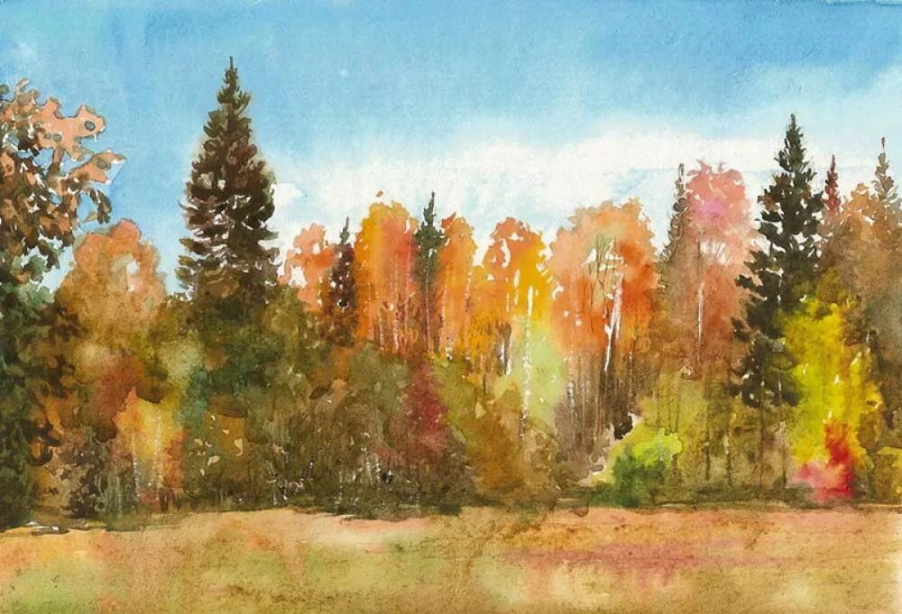 лес акварельными карандашами. этюд дерева акварелью. деревья акварелью пленэр. пленэрные этюды акварелью. пленэр акварелью.