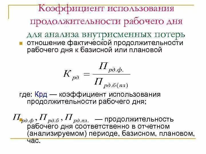 Средняя фактическая продолжительность рабочего. Коэффициент использования рабочего периода формула. Коэффициент использования продолжительности рабочего дня. Коэффициенты использования продолжительности рабочего рабочего дня. Коэффициенты использования рабочего периода и рабочего дня.