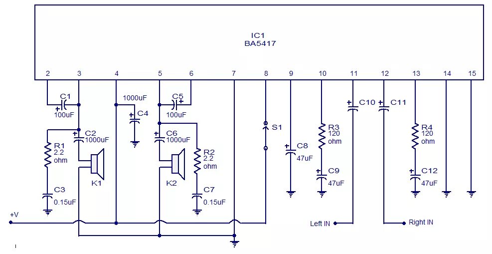 Схема ба. Схема усилителя звука на микросхеме ba5417. Ba5417 схема усилителя мостом. УНЧ на ba5417. УНЧ на микросхеме ва 5417.