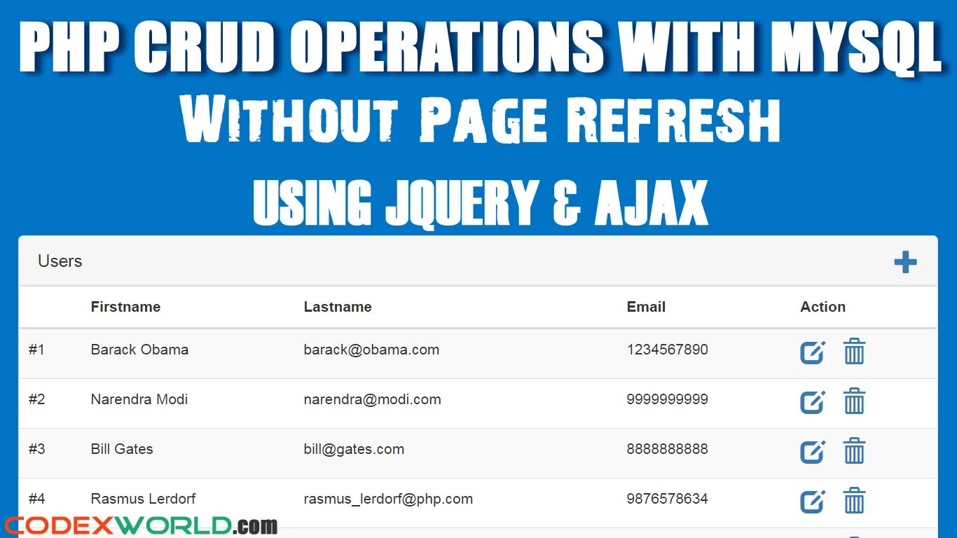 Without paging. Ajax CRUD mysqli. One Page CRUD Ajax php/MYSQL. CRUD Ajax php MYSQL search Bootstrap. CRUD Framework php.