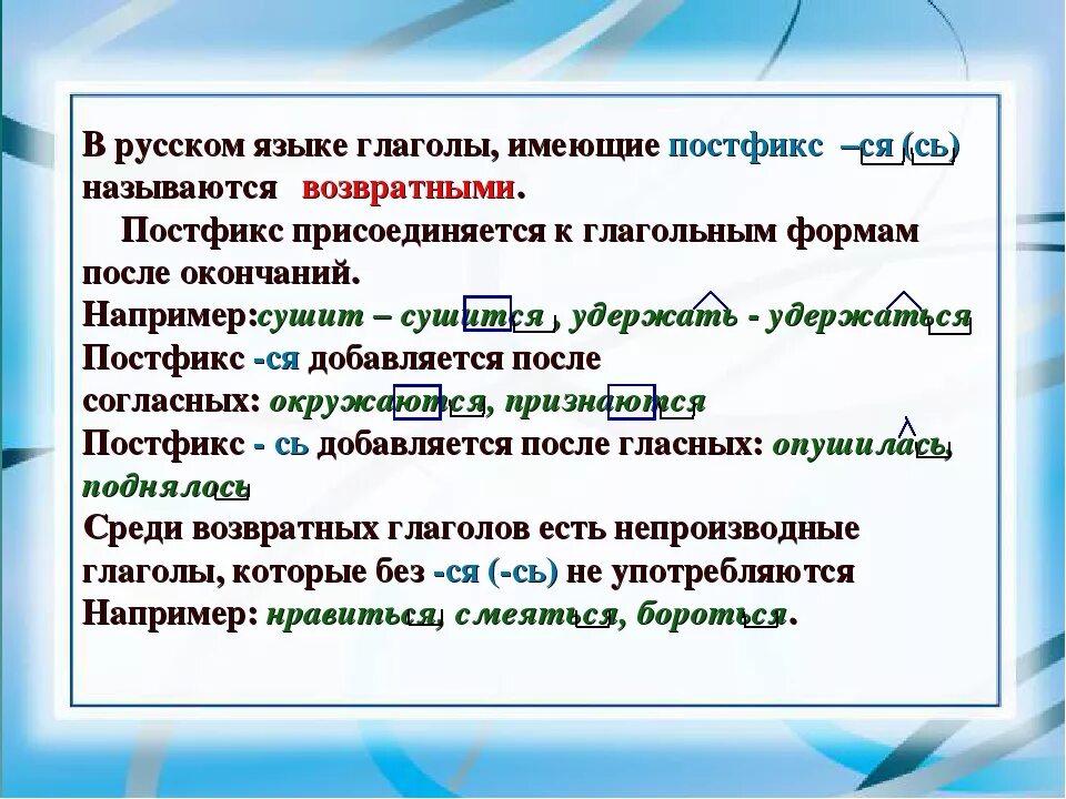 Возвратные глаголы в русском 4. Постфикс. Постфиксы в русском языке примеры. Постфикс это в русском языке. Как определяется постфикс.