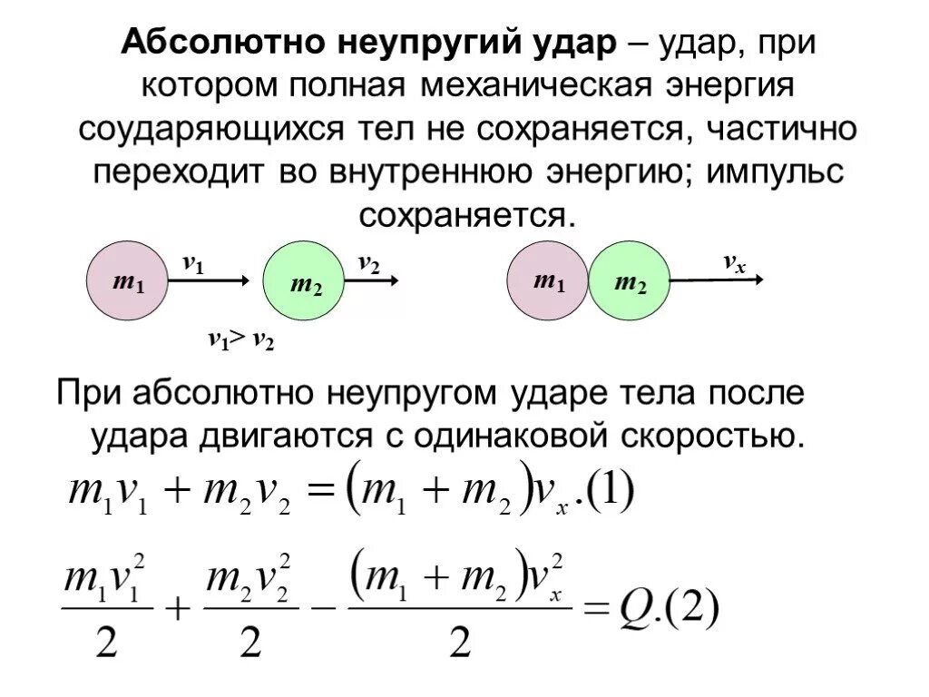 Энергия переходит в работу. Закон сохранения импульса для упругого удара формула. Закон сохранения импульса при неупругом ударе. Закон сохранения импульса при упругом и неупругом ударе. Закон сохранения импульса для абсолютно неупругого удара.