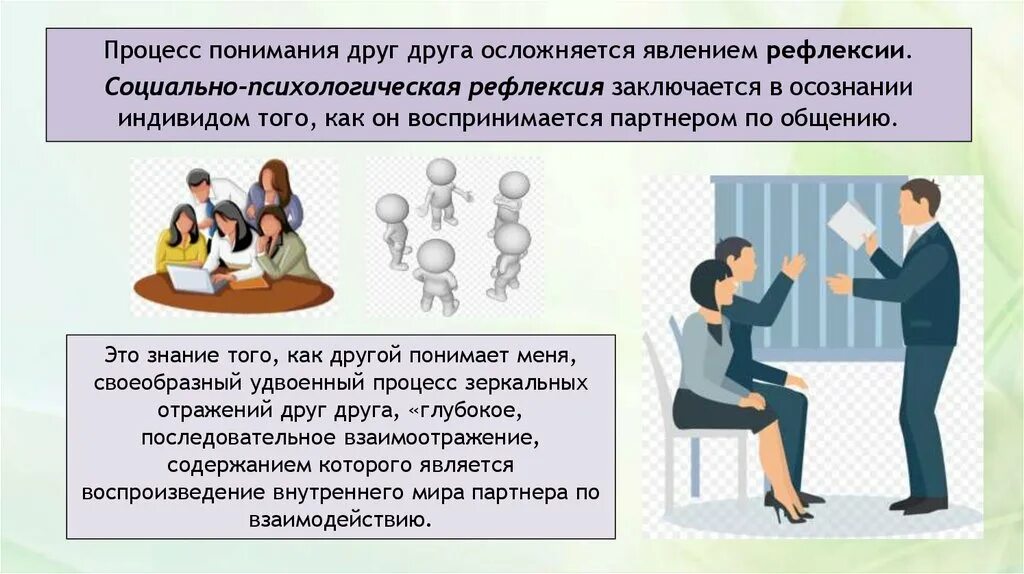 Осознание индивидом того как он воспринимается партнером. Социально-психологическая рефлексия. Социальная рефлексия это в психологии. Восприятие в процессе общения презентация. Понимание друг друга.