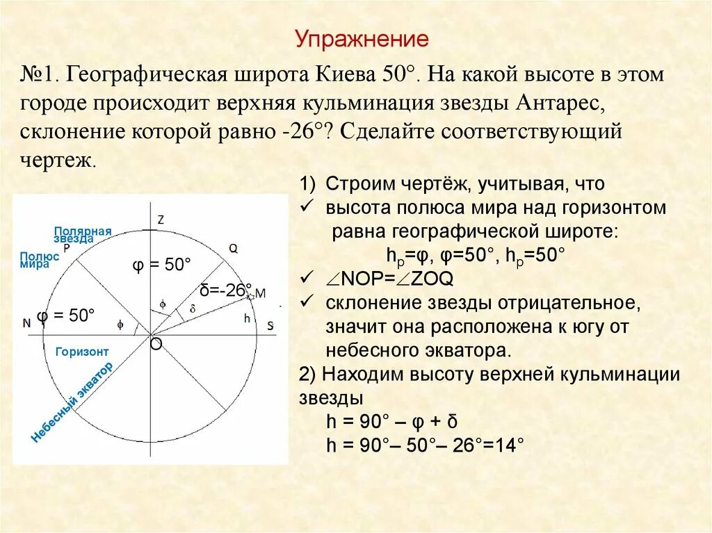 Географическая широта Киева 50 градусов. Географическая широта Киева 50 на какой высоте. Высота звезды в верхней кульминации. Географическая широта звезд.