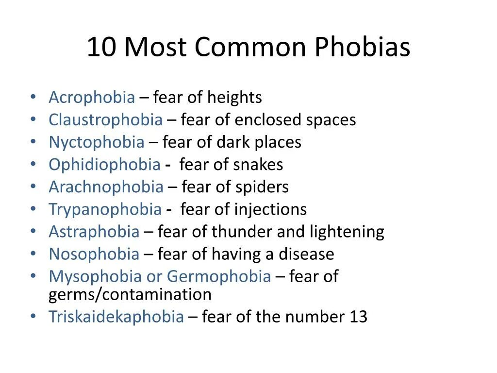 Виды фобий на английском. Fears and Phobias презентация. Types of Phobias презентация. Фобии человека на английском.