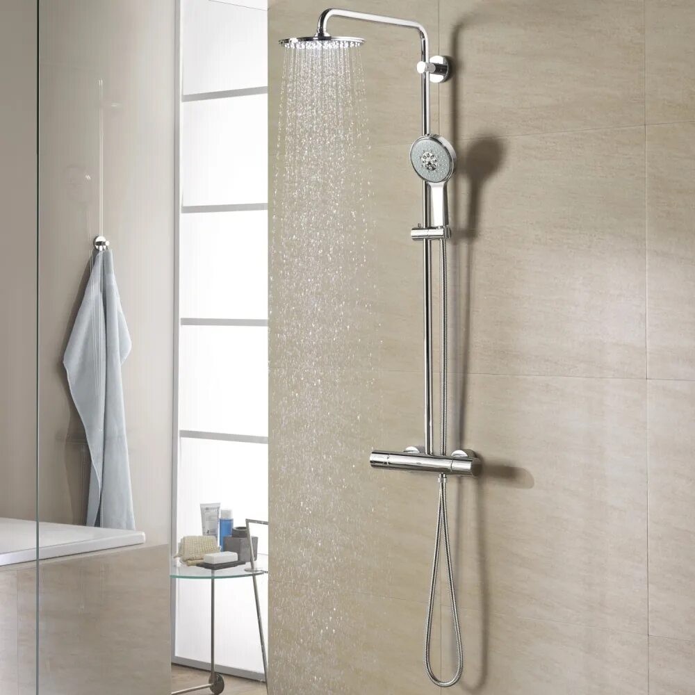 Душевая стойка Grohe Rainshower System 310 27968000 хром. Grohe 27374000. Душевая система Грое с термостатом. Душевая система Grohe 2 лейки.