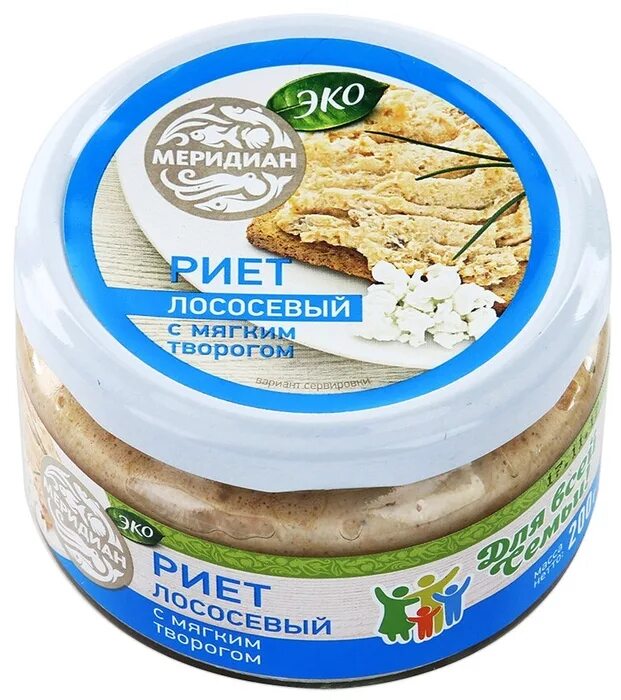 риет меридиан лососевый с мягким творогом, 100 г. риет меридиан лососевый с мягким творогом, 100 г. риет с лососем меридиан. риет с лососем меридиан. лосось с творогом меридиан.