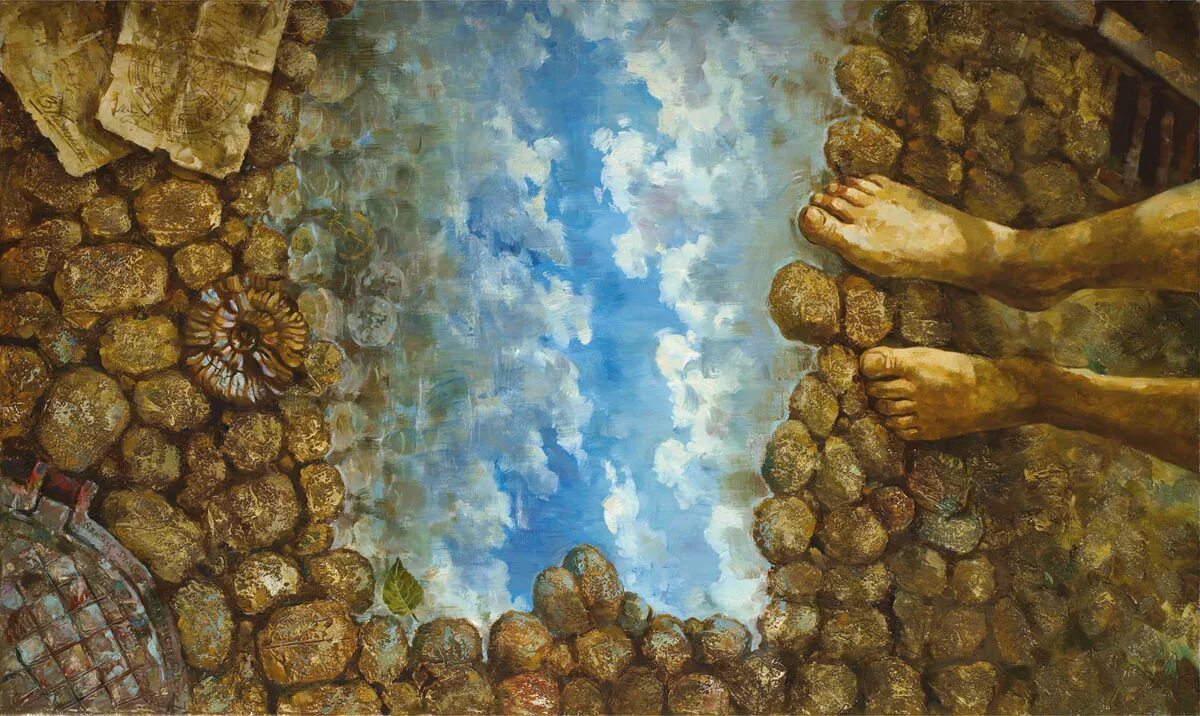 Ноги в живописи. Вода в руках. Мир рушится. Душа улетает. Одинокий путь.