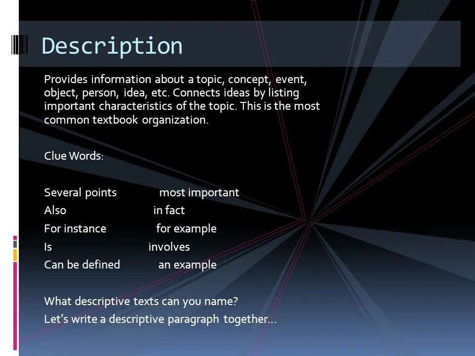 Descriptive paragraph structure. Descriptive paragraph topics. Description text. Provide information. Object description