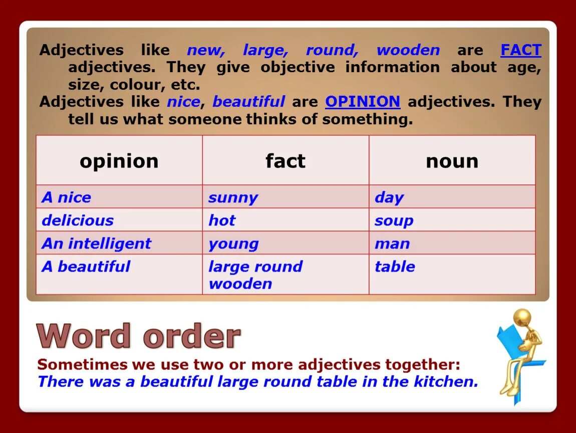 Opinion adjectives and fact adjectives. Прилагательные opinion. Fact and opinion adjectives примеры. Fact adjectives примеры.