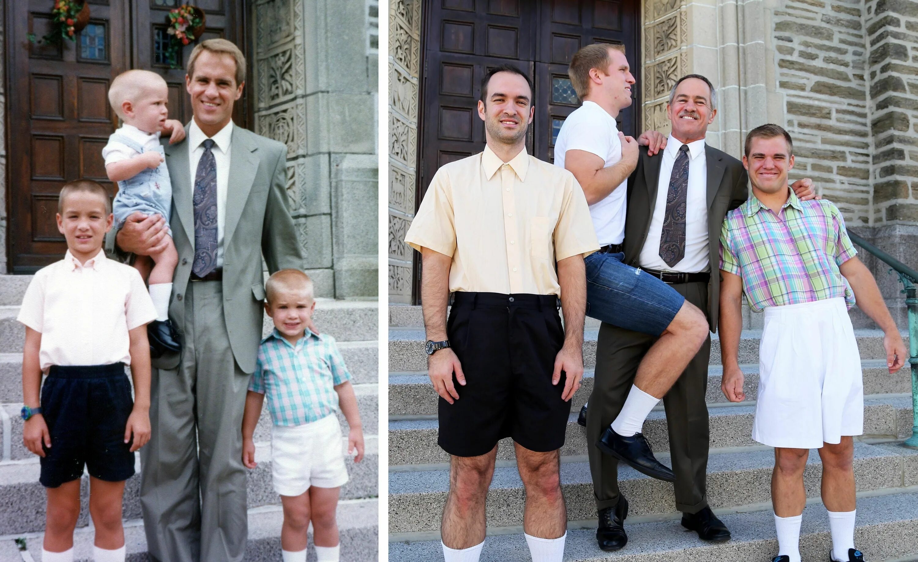 Фото через года. Братья в детстве и сейчас. Семейные фотосессии спустя года. Люди повторили свои детские снимки. Отец и дети годы спустя.