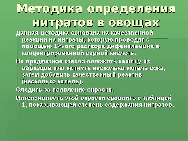 Способы определения нитратов. Методы определения нитратов в овощах. Методика определения нитратов и нитритов в овощах. Определение нитратов в овощах с помощью дифениламина. Повышенное содержание нитратов воде