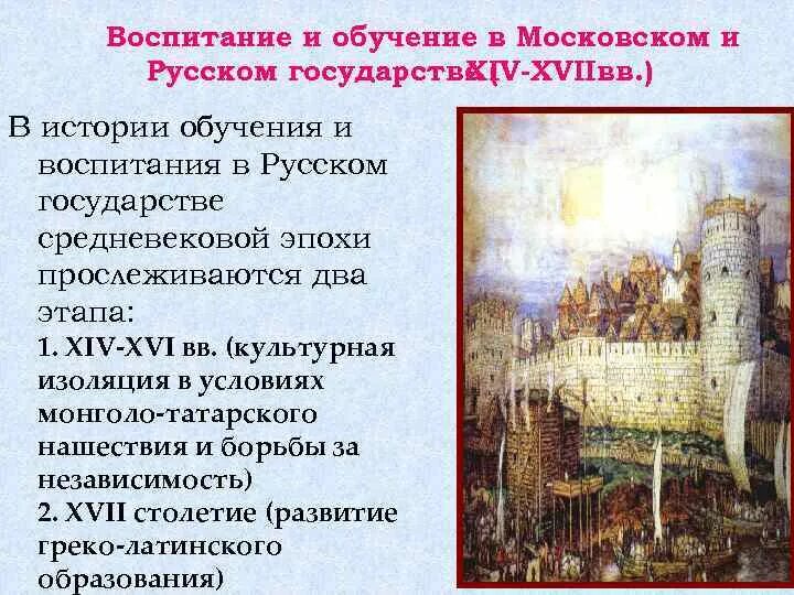 Начало 17 века для русского государства. Цель воспитания в Московском государстве. Просвещение и педагогическая мысль в русском государстве. Воспитание и обучение в Московском государстве XIV-XVI ВВ. Воспитание и обучение в Московском и русском государстве (ХIV-ХVII ВВ.