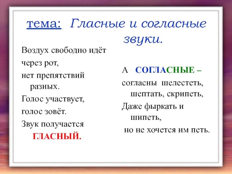 Слово выходить звуки. Воздух свободно идет через рот нет препятствий. А согласные согласны шелестеть шептать. А согласные согласны шелестеть шептать скрипеть. Эти звуки согласны шипеть шелестеть шептать скрипеть.