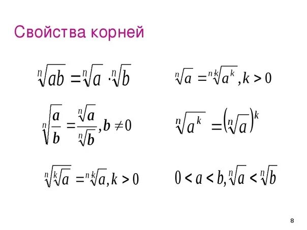 Свойства корня n-Ой степени формулы.