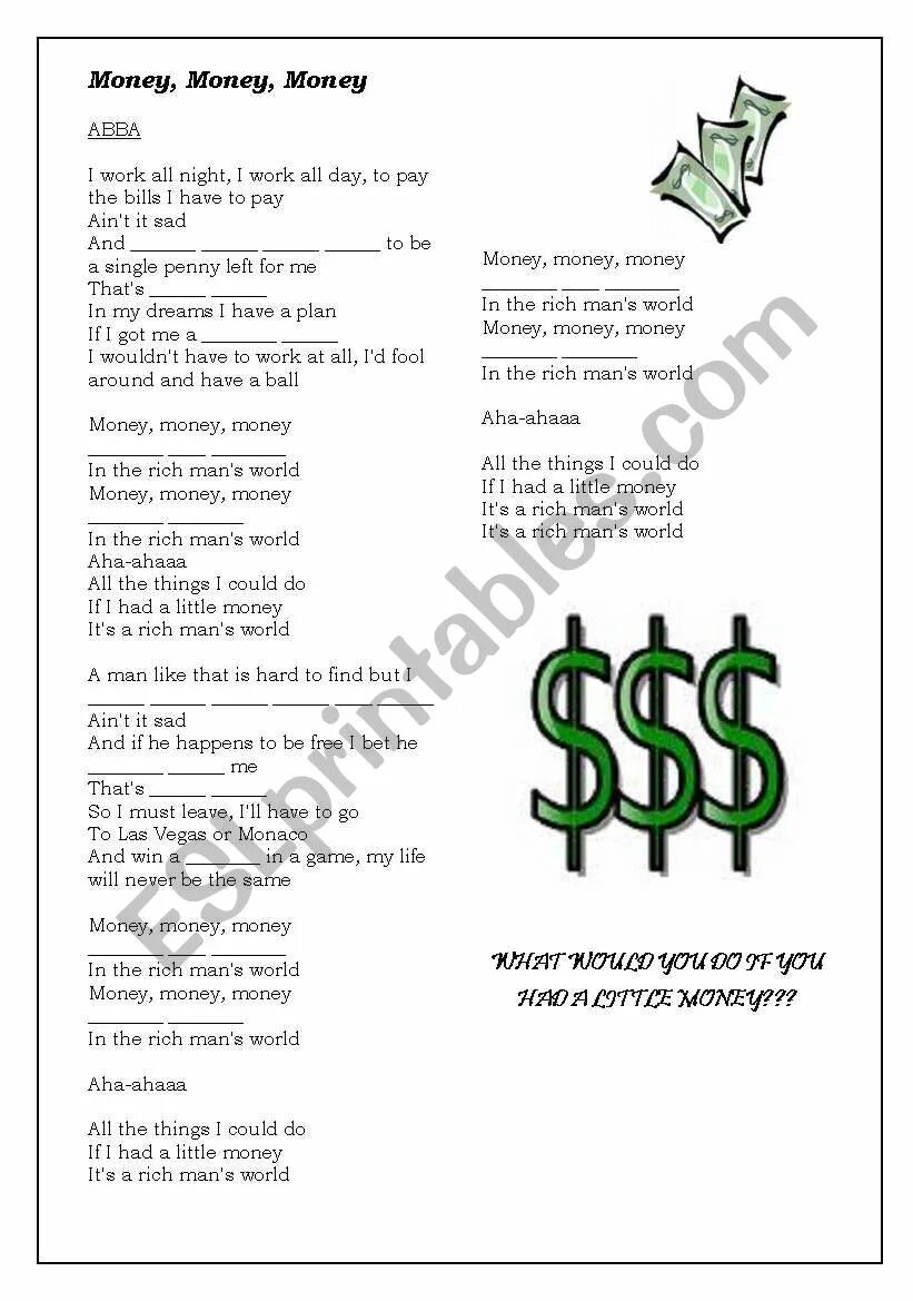 Как называется песня money money green. Money текст. Money money текст. Money ABBA Worksheet. Money money money ABBA текст.