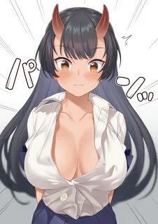 bangs, black hair, blush, breasts, bursting breasts, buttons, collarbone, f...