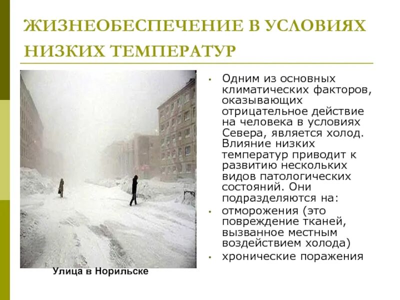 Особенности питания в условиях экстремального климата. Воздействие низких температур на человека. Климатические факторы. Адаптация человека на севере. Условия низких температур.