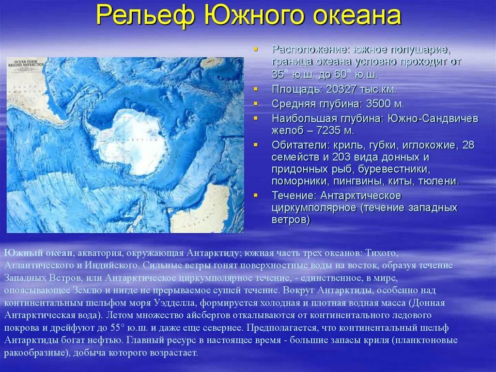 5 особенностей океанов. Рельеф дна Южного океана. Южный океан презентация. Южный океан географическое положение. Южный океан рельеф дна кратко.