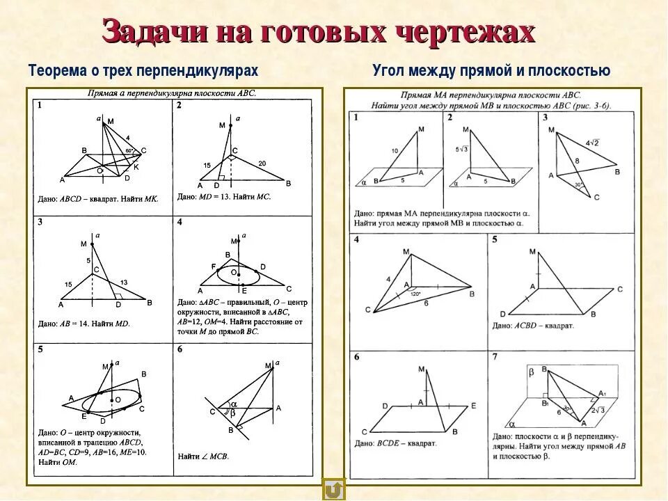 Задания на теорему о трех перпендикулярах 10 класс. Задачи на готовых чертежах теорема о 3 перпендикулярах. Теорема о трех перпендикулярах задачи. Теорема о трех перпендикулярах на готовых чертежах.