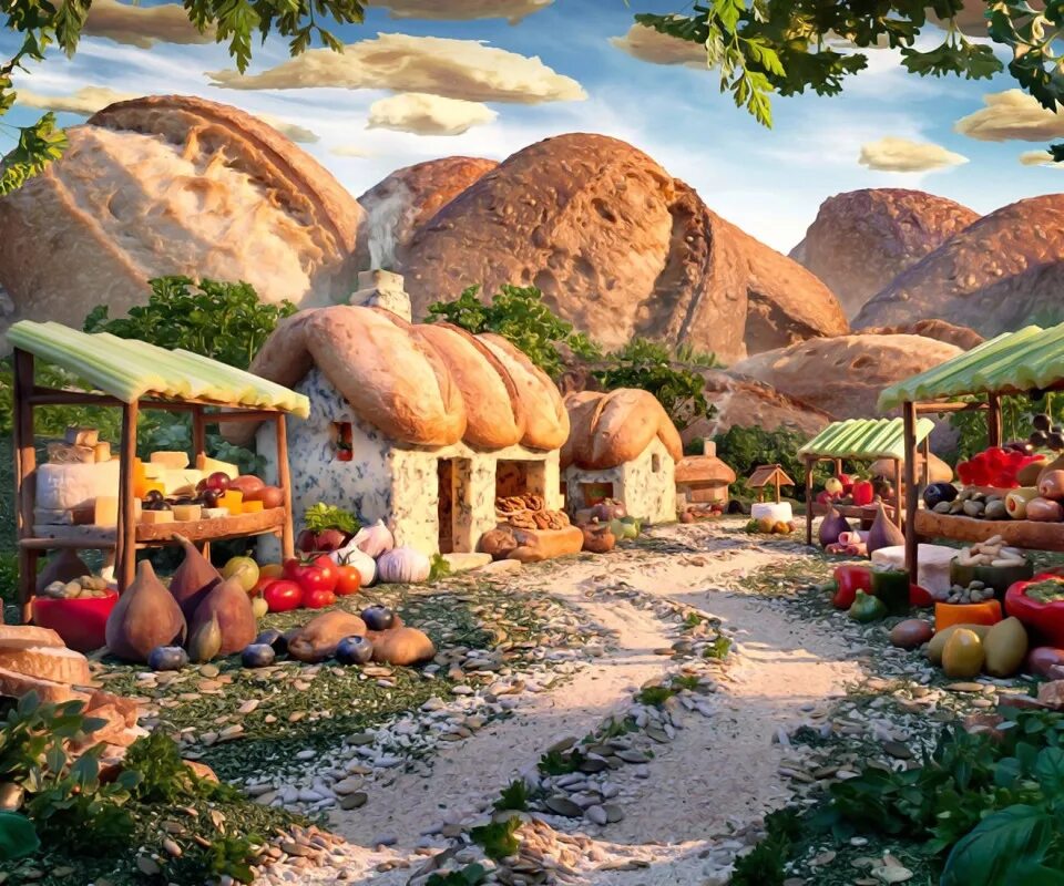 Город овощей. Картины карла уорнера. Карл уорнер съедобные пейзажи. Огород из аниме. Город овощей.