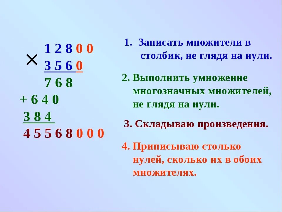 Алгоритм умножения многозначного. Алгоритм умножения на трехзначное число столбиком 4 класс. Умножение в столбик многозначных чисел. Умножение в столбик с нулями на конце. Умножение круглых чисел.