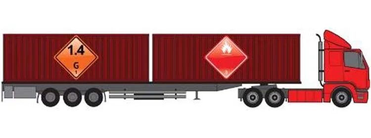 Перевозка опасных грузов на прицепе для контейнеров. Знак «крупногабаритный груз». Контейнеровоз везет 2 контейнера.