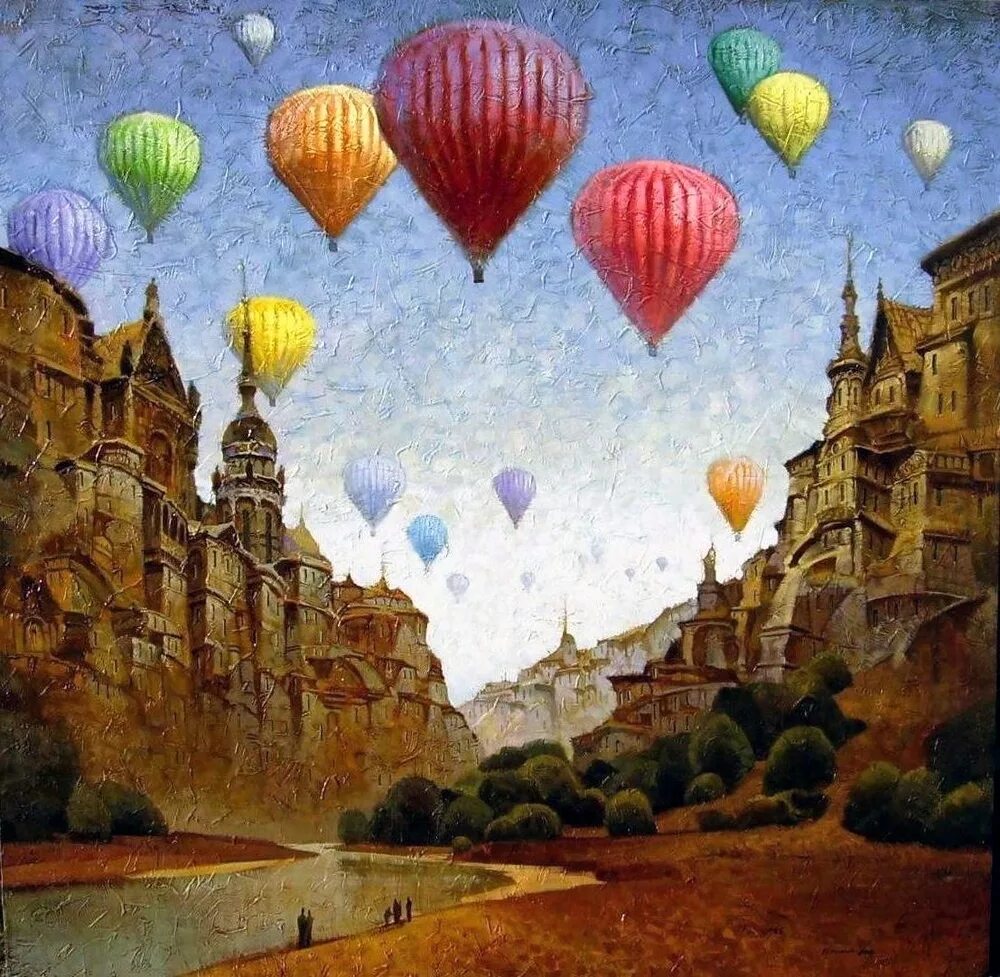 Сказка воздушных шаров. Воздушные шары живопись. Картина с воздушными шарами. Пейзаж с воздушными шарами.