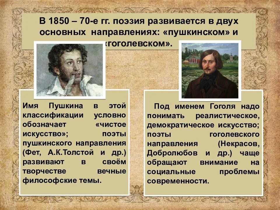 Произведения литературы второй половины xix века. Гоголевское и Пушкинское направление в литературе. Поэты второй половины XIX века. Русская поэзия 2 половины 19 века. Чистое искусство в литературе второй половины 19 века.