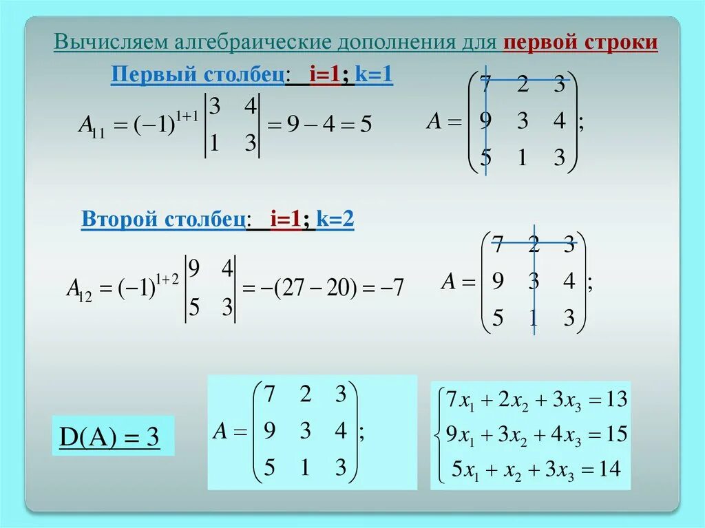 Столбец 1 столбец 2 столбец. Вычисление алгебраического дополнения. Слау алгебраические дополнения. Алгебраические вычисления. Как вычисляется алгебраическое дополнение.