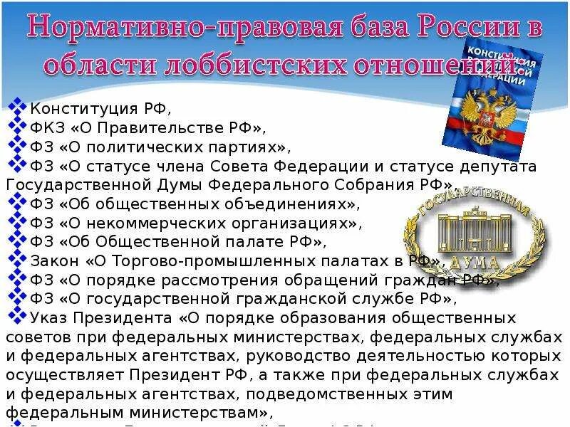 Правовые партии россии. Правовое регулирование лоббизма. Правовое регулирование презентация. Лоббизм в России презентация. Нормативная база Законодательного лоббизма в РФ.