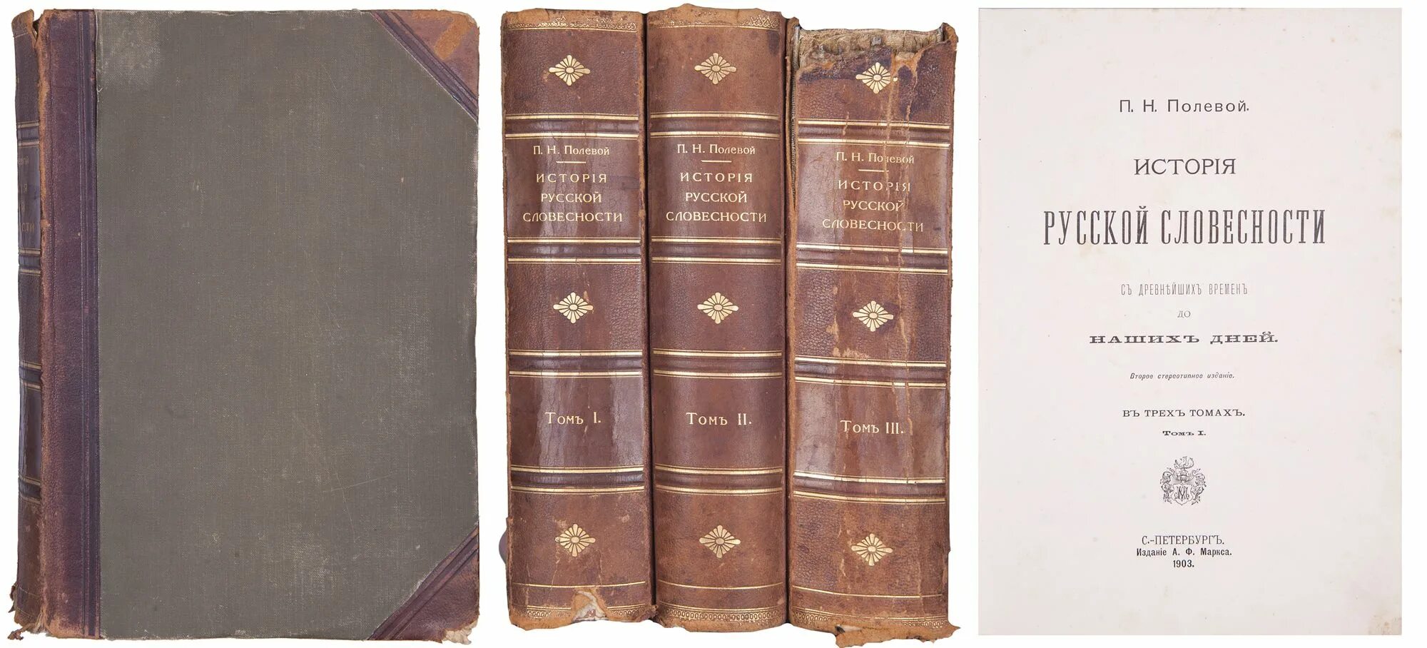 Первый том 1 8. «История русской словесности» п. н. полевого, 1900. Толковый словарь Даля первое издание.