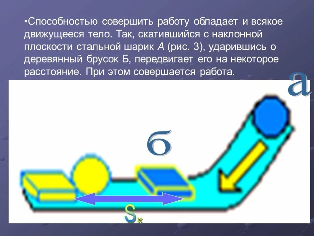 В каком случае совершается работа шарик катится. Совершение работы шариком скатывающимся по наклонной плоскости. Металлический шарик движется по наклонной. Всякое движущееся тело обладает. Шар и брусок физика.