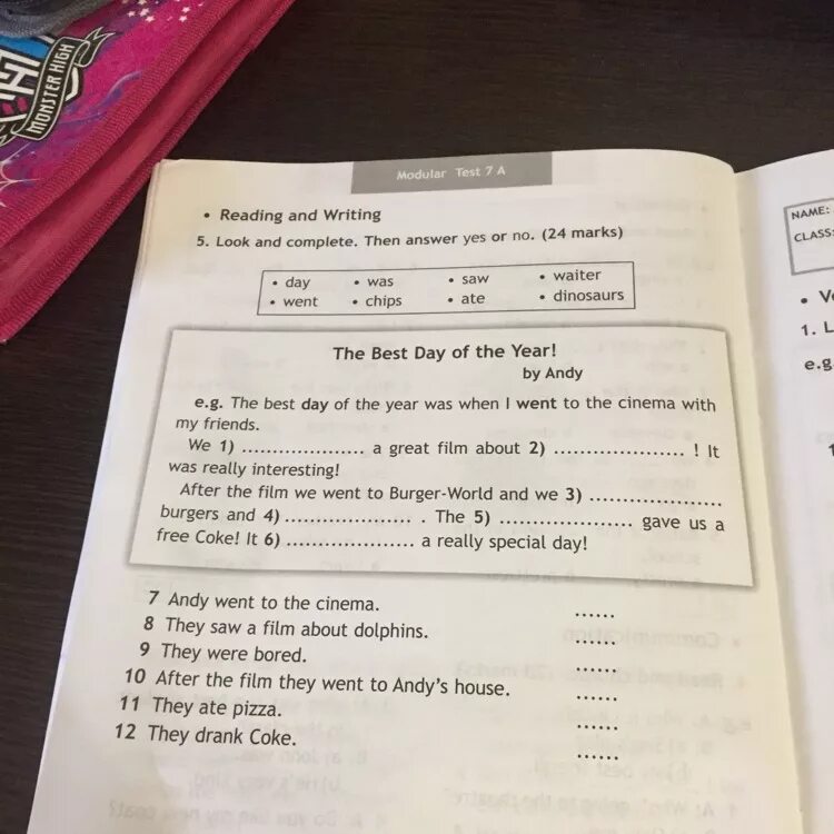 Complete the good. Andy went to the Cinema. Test3 Module 5 Sne cant boy the Zoo ответы 4. Then answer Yes or no. Reading and writing 4 ответы.