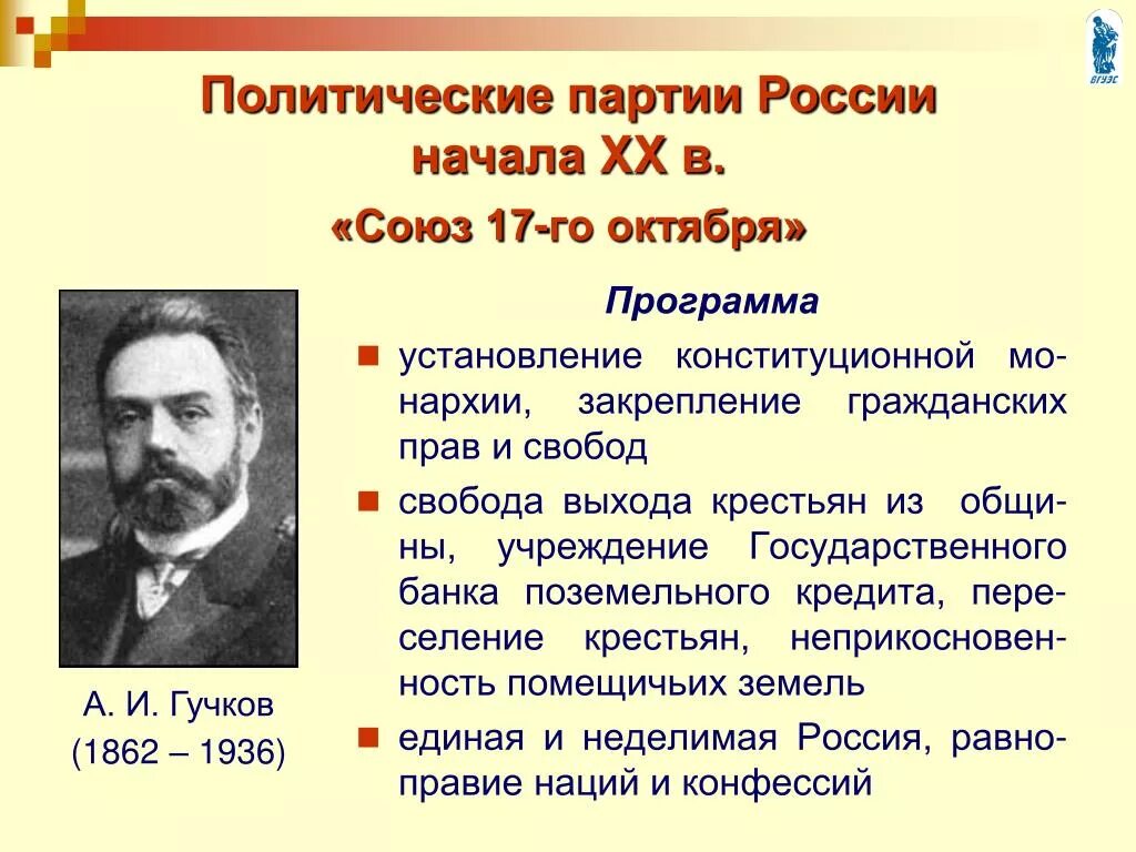 Союз 17 октября партия Гучков. Союз 17 октября программа партии. Программные позиции партии Союз 17 октября. Лидер октябристов 1917.