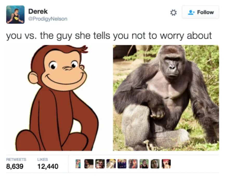 Better not tell her. You vs the guy she tells you not to worry about. You the guy she tells you not to worry about. Guy not to worry about. Мем - «dicks out for Harambe»..