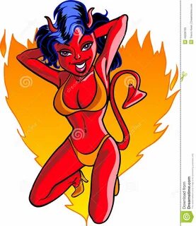 Illustration about Cartoon Devil Girl with flames behind her. 