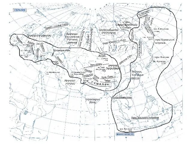 Береговая линия азии. Рельеф Евразии на контурной карте. Хребты и нагорья на карте Евразии. Горы и равнины Евразии на контурной карте. Рельеф Евразии на контурной карте горы и равнины.