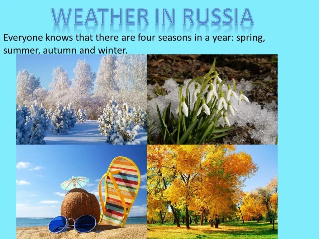 There are four seasons. There four Seasons in a year.. There are four Seasons in a year Spring Summer autumn and Winter. Seasons and weather in Russia.