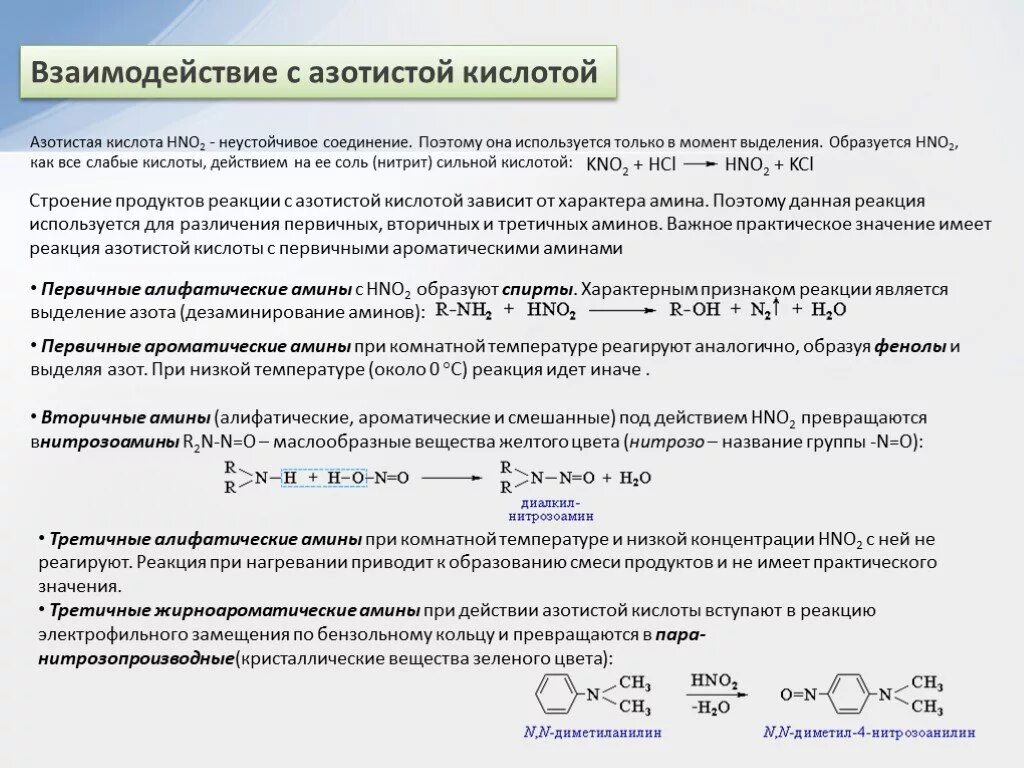 Выделение азота реакция. Первичные и вторичные Амины с азотистой кислотой. Вторичные Амины с азотистой кислотой реакция. Взаимодействие первичных ароматических Аминов с азотистой кислотой. Реакция с азотистой кислотой.