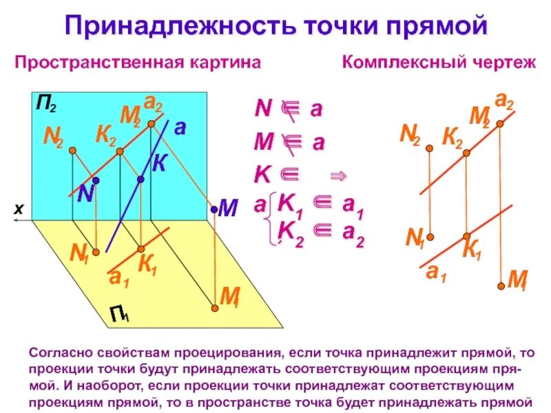 Основное свойство принадлежности точек и прямых. Проекция точки на прямую формула. Проекция прямой в пространстве. Проекция точки в пространстве. Принадлежность точки прямой.