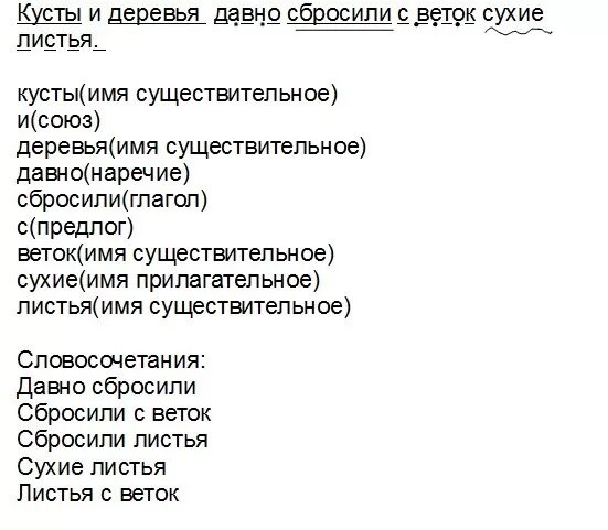 Разбор предложений желтые листья весело. Деревья давно сбросили желтые листья словосочетание. Предложение про дерево. Листья с деревьев это словосочетание. Разбор слова деревья давно сбросили желтые листья.