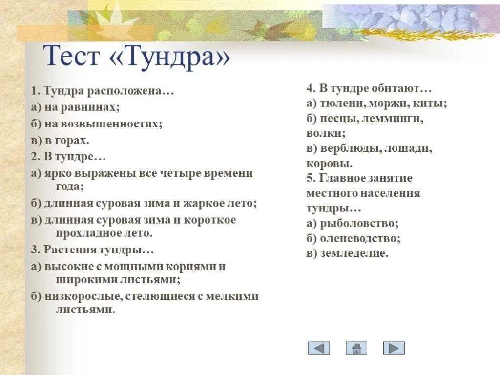 Проверочная работа по теме тундра