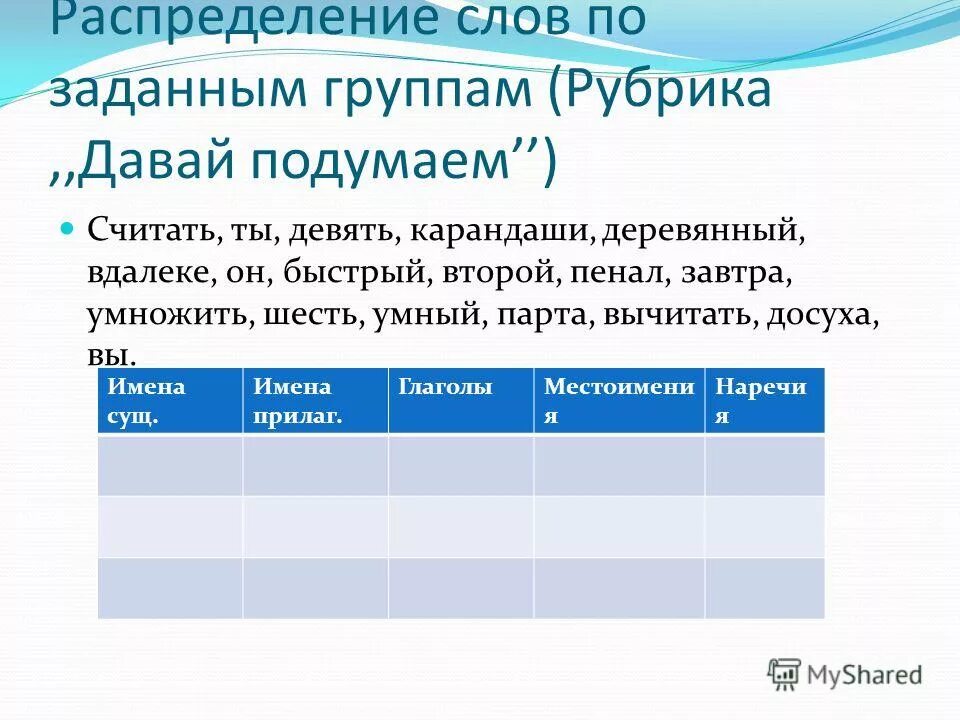 Распределить слова по разрядам