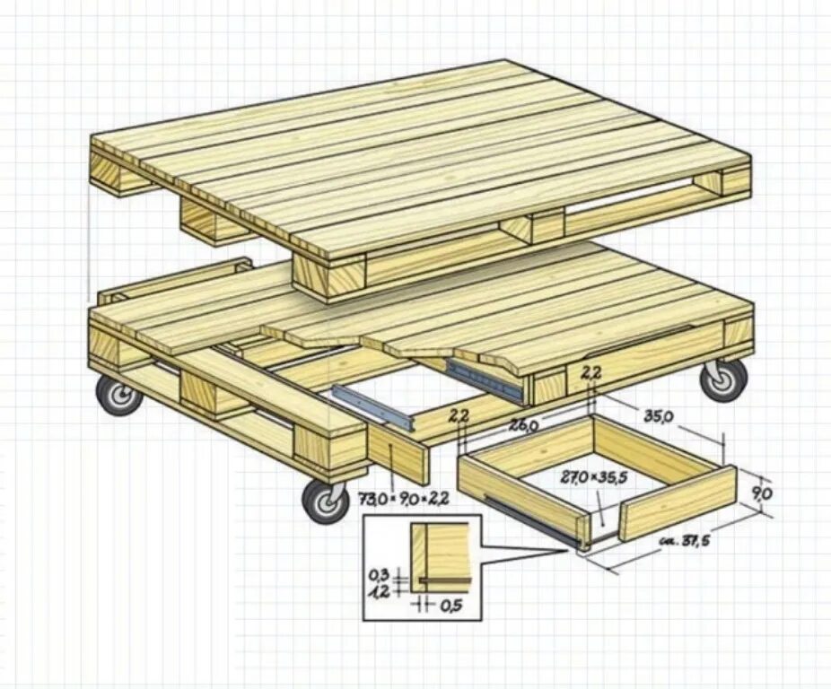 Чертеж стола из паллет. Мебель из европоддонов чертежи. Мебель из паллет чертежи. Столик из паллет чертеж. Сборка поддонов своими руками