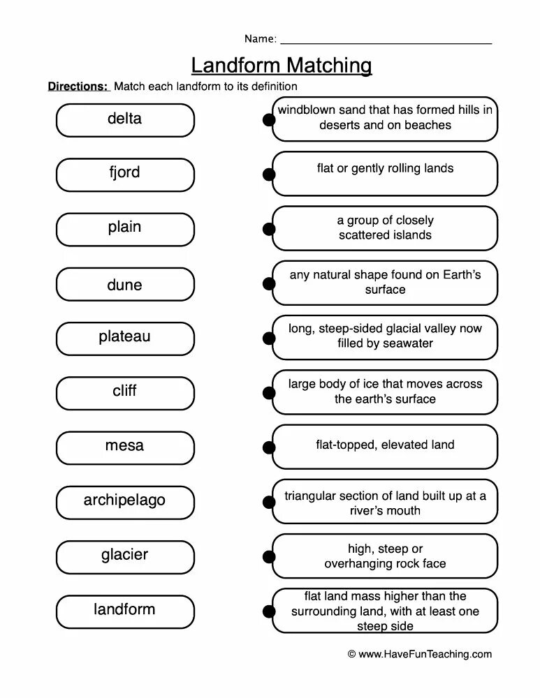 Match each word with its definition. Landforms worksheets. inventions worksheets. categories worksheet. definitions worksheets.