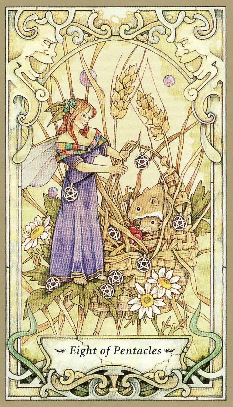 Пентакли 8 таро значение. Таро фей mystic faerie tarot. 8 of pentacles таро. mystic faerie tarot галерея. мистик фейри таро.