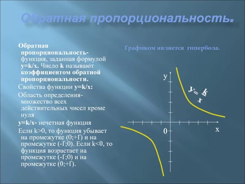 Функция обратно пропорциональная 8 класс. Свойства функции обратной пропорциональности. Функция Обратная пропорциональность, график функции – Гипербола). Функция обратной пропорциональности y=k/x. Функция обратной пропорциональности и ее график.