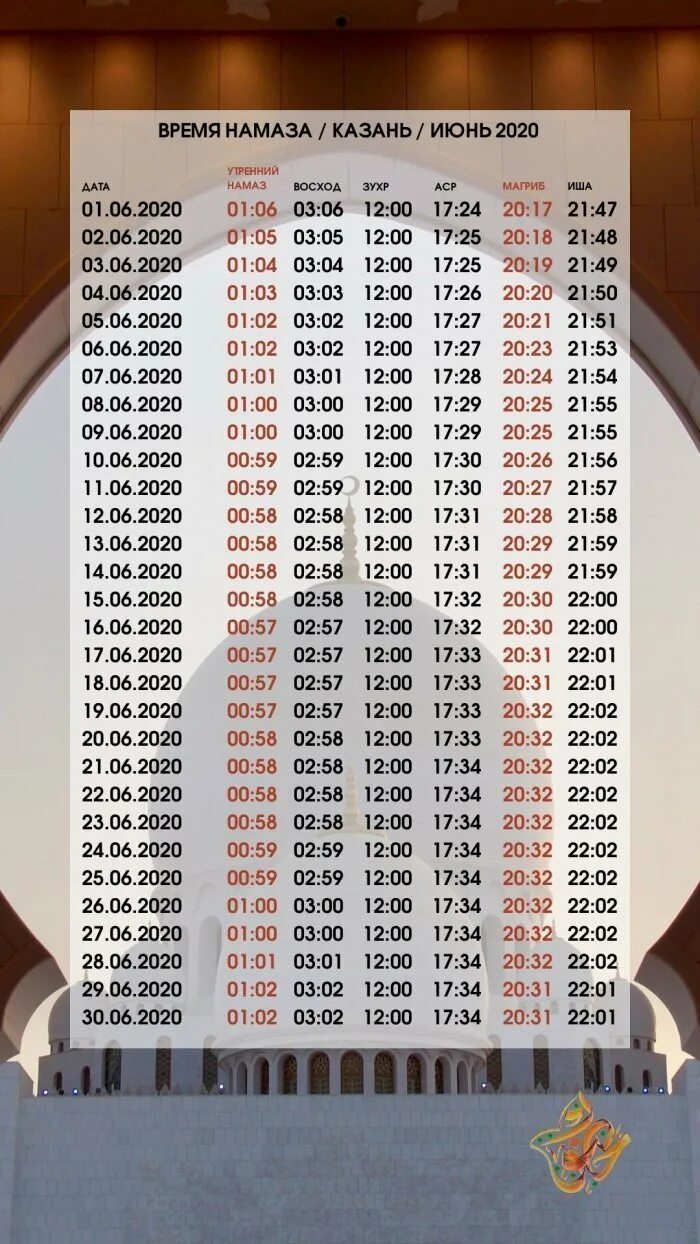 Время намаз республика татарстан. Намаз июнь. Расписание намаза на июнь. Календарь намаза на июнь месяц. График совершения намаза.